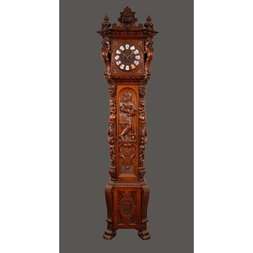 1418 - A 19th century German Baronial oak longcase clock, 25cm gadrooned convex dial with inset Roman numer... 