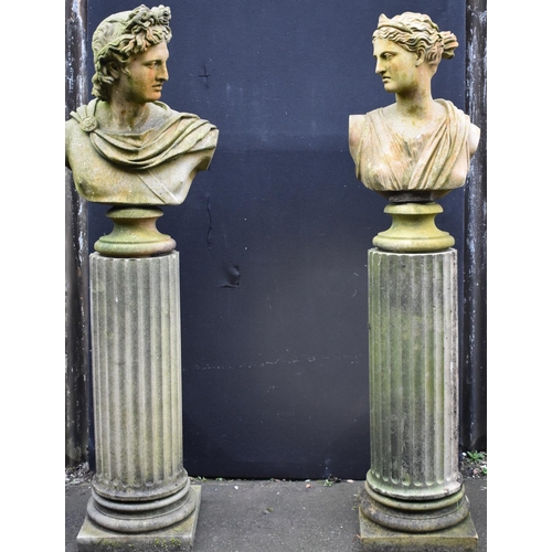 1426 - A pair of Grand Tour type composition garden busts, of the Apollo Belvedere and Artemis, waisted soc... 