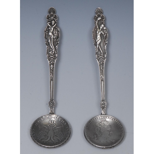 23 - A  Russian spoons, the haft cast wit a naked dancing lady, coin bowl, Vikor Vasilyevich Savinsky, Mo... 