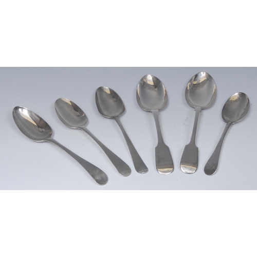 26 - A George II Old English pattern table spoon, London 1735;  others, marks rubbed;  etc (6)