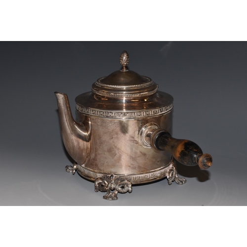 6 - A late 19th century E.P.N.S. cylindrical side-handled coffee or chocolate pot, pine cone finial, tur... 