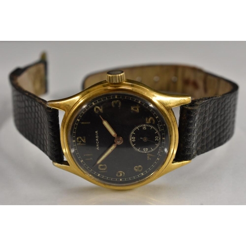 3061 - Arcadia - a vintage gentleman's wristwatch, black dial, luminous Arabic numerals, minute track, subs... 