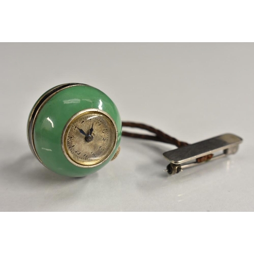 3062 - An Art Deco Argent Dore 935 silver green and black enamelled globe suspension watch, silvered dial, ... 