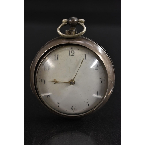 3063 - A George III silver pair cased pocket watch, A Kemp, Edinburgh. cream enamel dial, Arabic numerals, ... 