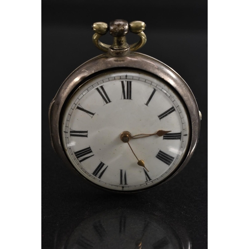 3064 - A George III silver pair case pocket watch, Richard Biggs, Romsey, white enamel dial, bold Roman num... 