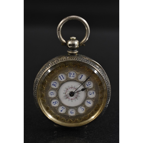 3066 - A Victorian silver open face lady's fob watch, ornate silver and enamelled window dial, painted Roma... 