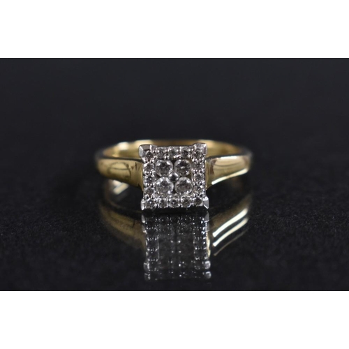 3150 - A checkered platform diamond cluster ring, four central round cut diamonds surrounded by a band of s... 