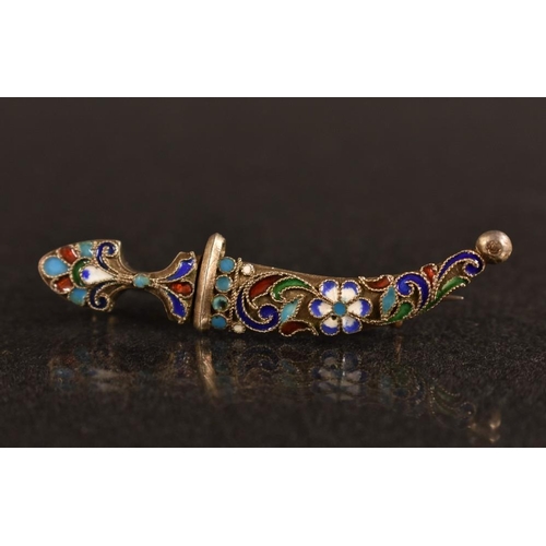 3153 - A cloisonne enamelled silver khanjar dagger brooch, multicoloured floral and scrolling decoration, u... 