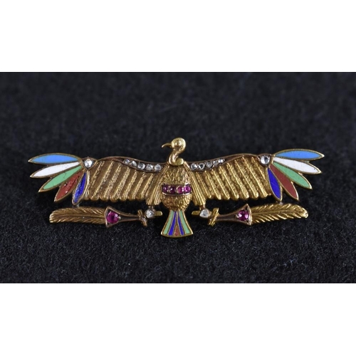 3156 - An unusual micro mosaic inlaid bird brooch, out stretched wings crested with diamond accents, garnet... 