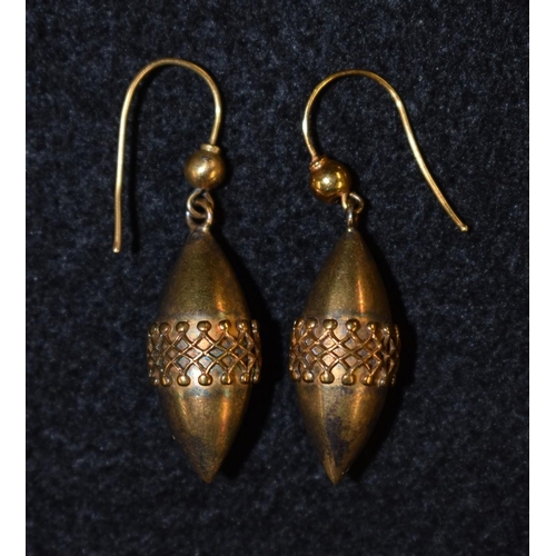 3159 - A pair of two tone gilt and yellow metal torpedo drop earrings, gilt metal body, with yellow metal c... 