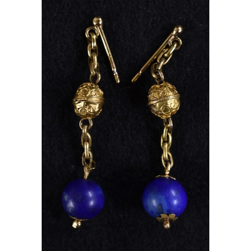 3160 - A pair of Edwardian lapis lazuli and yellow metal droplet earrings, yellow metal globular bead and c... 