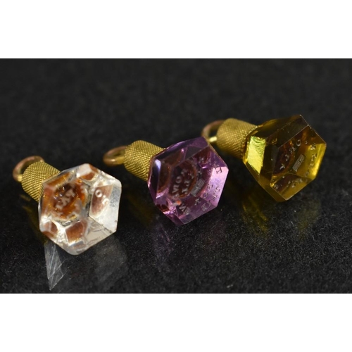 3164 - Pendants - a trio of engraved hexagonal seal stamp pendants, comprising, Amethyst, Thank Rowland Hil... 