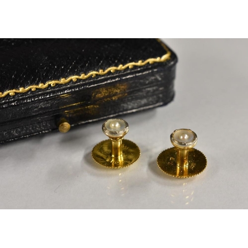 3188 - A pair of 18ct gold seed pearl and mother of pearl mounted collar studs, platinum outer edge, stampe... 