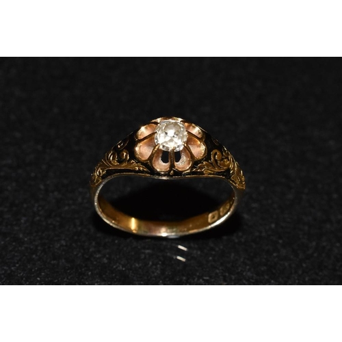 3200 - A Victorian diamond solitaire mourning ring,  mixed cut cushion diamond approx 0.35ct, eight point f... 