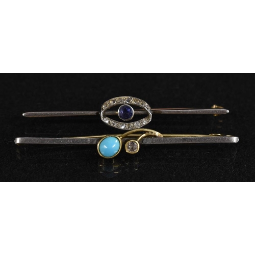 3215 - Brooches - an Edwardian 15ct gold bar brooch set with a single round cut diamond and an oval turquoi... 