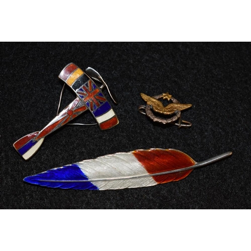 3217 - World War I interest - an enamelled sterling silver mono plane Sweethearts brooch, enamelled with th... 