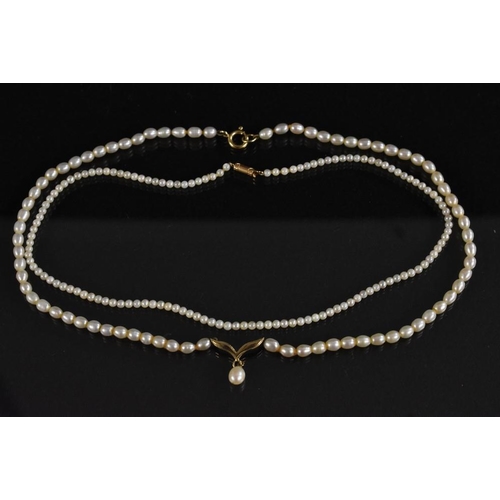 3223 - A single strand cultured pearl necklace, 14ct gold barrel clasp. stamped 14k, 35cm long;  another st... 