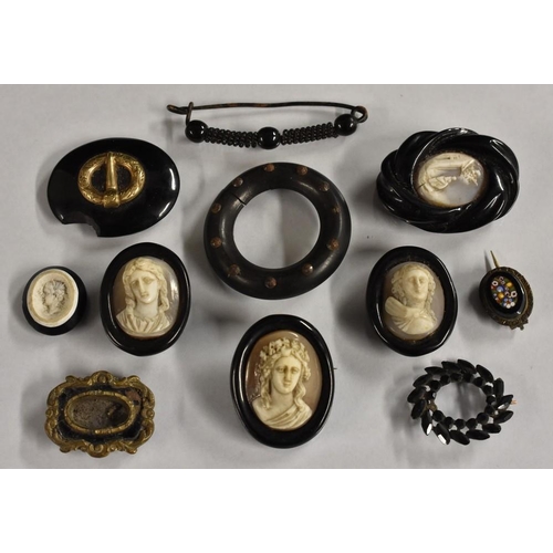 3234 - Jewellery - a Victorian carved shell cameo mourning brooch, Athena;  others, bracelet panels etc;  a... 