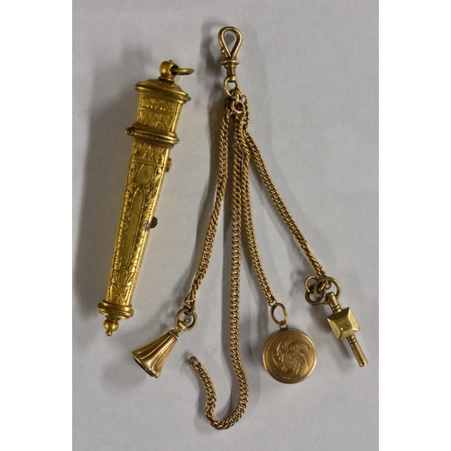 3237 - A late 19th century four chain miniature Chatelaine, unmarked yellow metal body, suspending a seal s... 