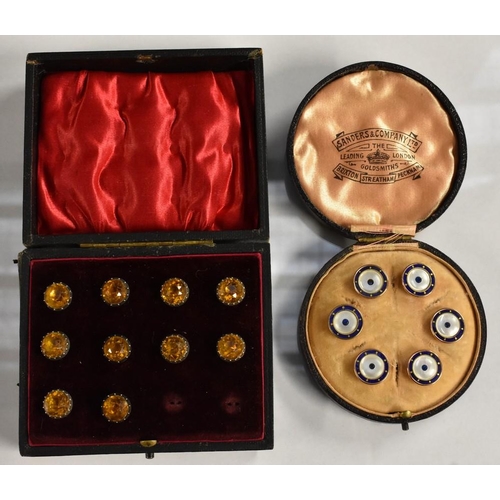 3378 - A set of six gold plated buttons, applied with mother-of-pearl and enamel, circular Morocco leather ... 