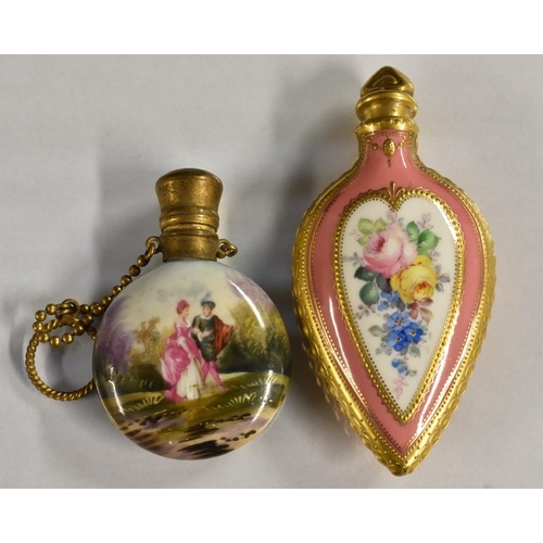 3380 - A 19th Century porcelain scent bottle, elongated heart shape,hand painted roses and forget-me-nots, ... 