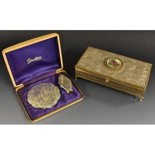 3403 - Ladies' accessories - an inlaid jewellery box; a Stratton compact and lipstick case, boxed; others