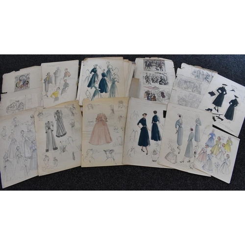 3405 - Fashion Design - three folios containing an extensive collection of fashion designs, academic studie... 