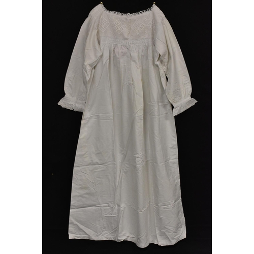 3419 - A mid-late 19th Century lady's full length cotton nightgown, lace trim; another similar, broiderie a... 