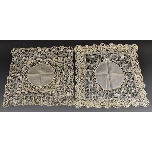 3441 - A silk handkerchief, circular, deep lace edge; another similar, square centre (2)