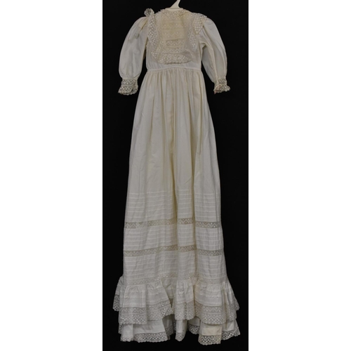 3454 - A fine cotton Christening gown, lace trim, pleated detail,with petticoat