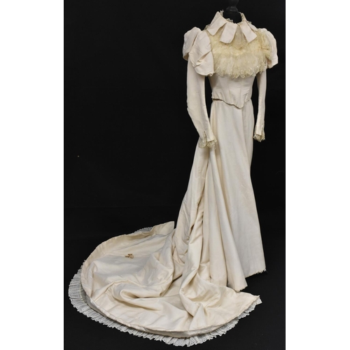 3460 - A late Victorian wedding trousseau in cream silk, leg of mutton sleeves, dog tooth collar and confor... 