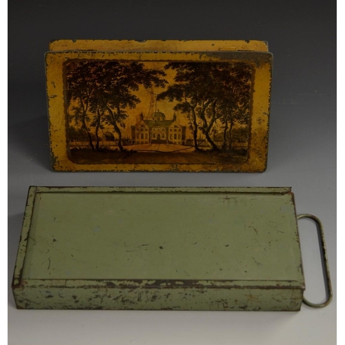 5062 - A 19th century toleware rectangular artist's box, hinged cover transfer printed in monochrome with a... 