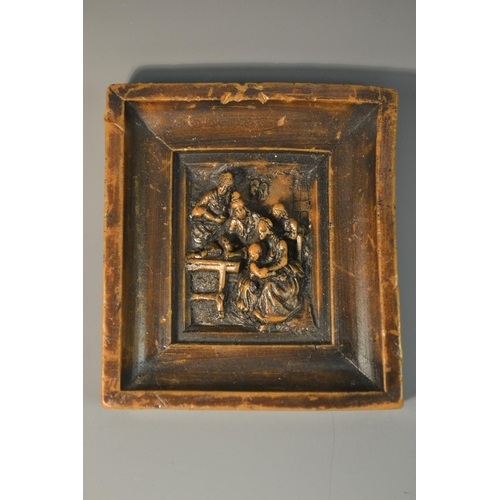 5065 - A 19th century wax picture, moulded after an Old Master with a domestic scene, 9.5cm x 8.5cm