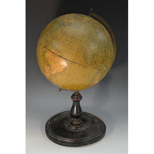 5066 - A 9'' terrestrial globe, by George Phillip & Son, London, turned ebonised base, 42cm high overall