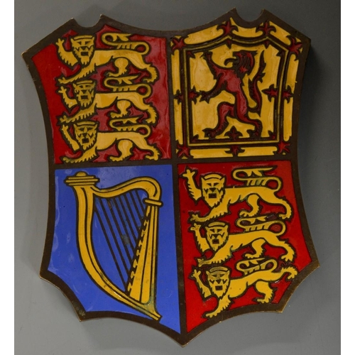 5073 - A cast bronze and enamel Royal Coat of Arms, 9.5cm wide