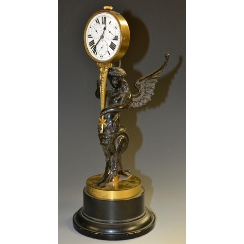 5082 - A dark patinated and lacquered brass figural 'Atlas Watch' desk timepiece, 6cm diam dial with Roman ... 