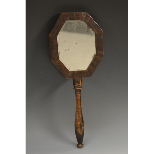 5092 - A George III mahogany canted rectangular hand mirror, turned handle, 32.5cm long, c.1800