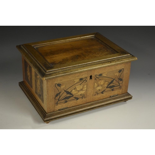 5102 - A German Art Nouveau mahogany, marquetry and pyrography table box, by Hermann Loose, Hamburg, hinged... 