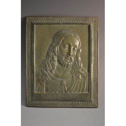 5107 - A Grand Tour verdigris patinated bronze plaque or icon, cast in relief with a named depiction of Jes... 