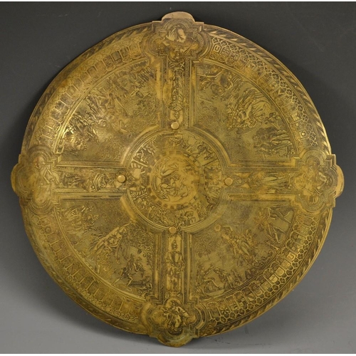 5124 - A late Victorian Revivalist bronze shield, the centre boss decorated with a king placing a ring on a... 