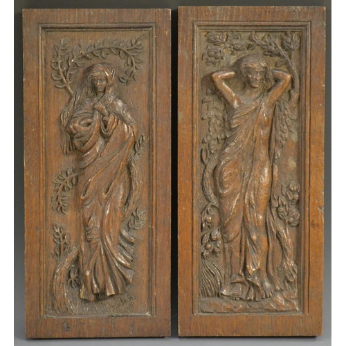 5148 - A pair of Arts and Crafts oak panels, carved in relief with female figures, 36cm x 16cm, c. 1880