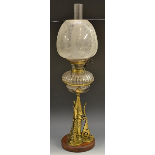 5185 - A Victorian Aesthetic movement brass oil lamp, Hicks No.2 Duplex,  frosted globular shade, clear gla... 