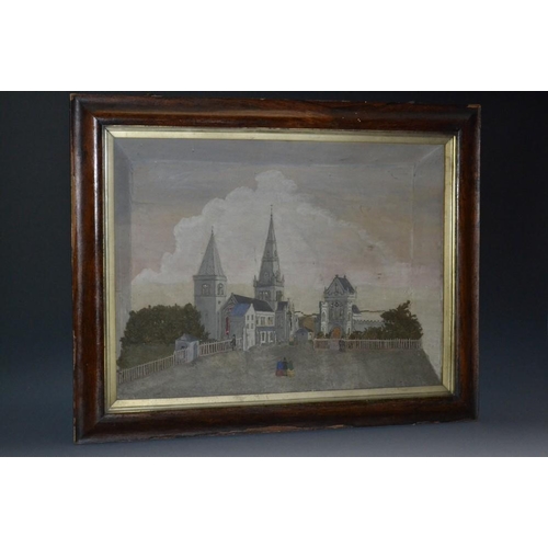 5201 - A Victorian painted card diorama, the landscape with Gothic Revival parish church, ecclesiastical bu... 