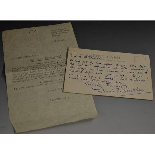 5908 - Dennis Wheatley - a hand written postcard, addressed to Mrs McPherson, regarding his 1934 occult nov... 