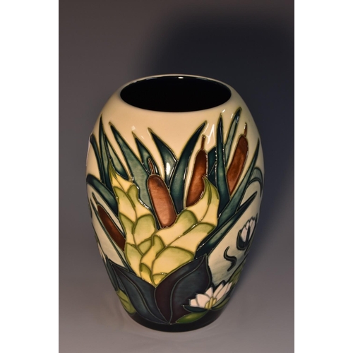 3004 - A contemporary Moorcroft Lamia pattern ovoid vase, tube lined with water lilies and bulrushes, 12.5c... 