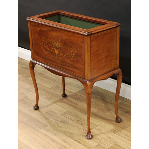 69 - A Sheraton Revival mahogany and marquetry floor-standing bloom trough, moulded top, the front inlaid... 