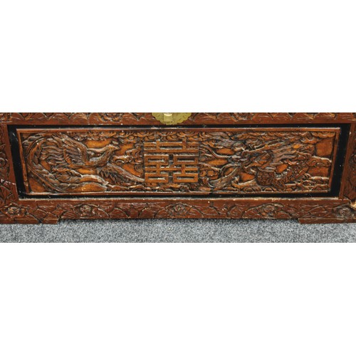 71 - A Chinese inspired hardwood blanket chest, profusely applied with dragons, birds, character marks, f... 