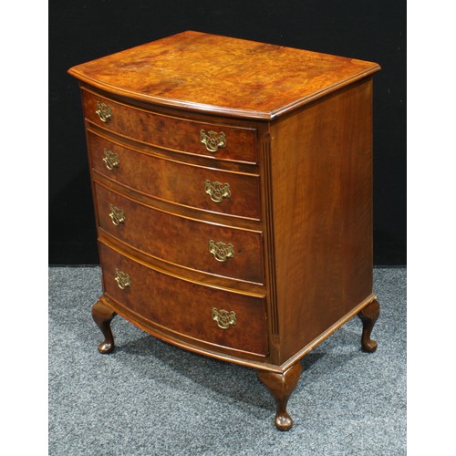 72 - A Queen Anne style walnut chest of drawers, bow-front top above four cockbeaded graduated drawers, c... 