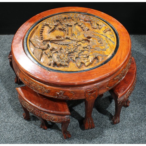 77 - A contemporary Chinese inspired hardwood nesting tea/coffee table and stools, the table top inset wi... 