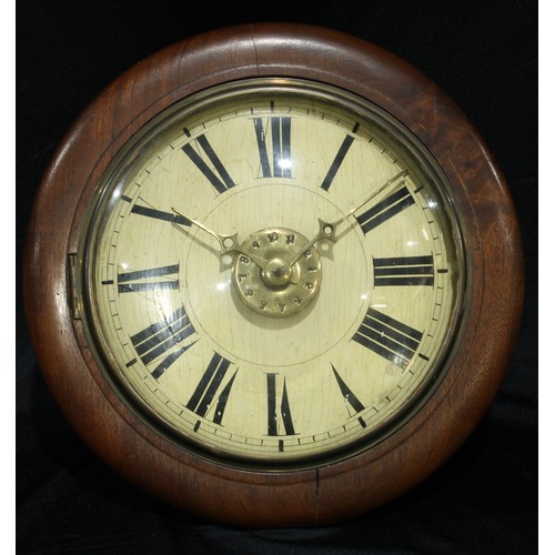 188 - A Victorian mahogany wall clock, circular dial with Roman Numerals, weights en suite, c.1880